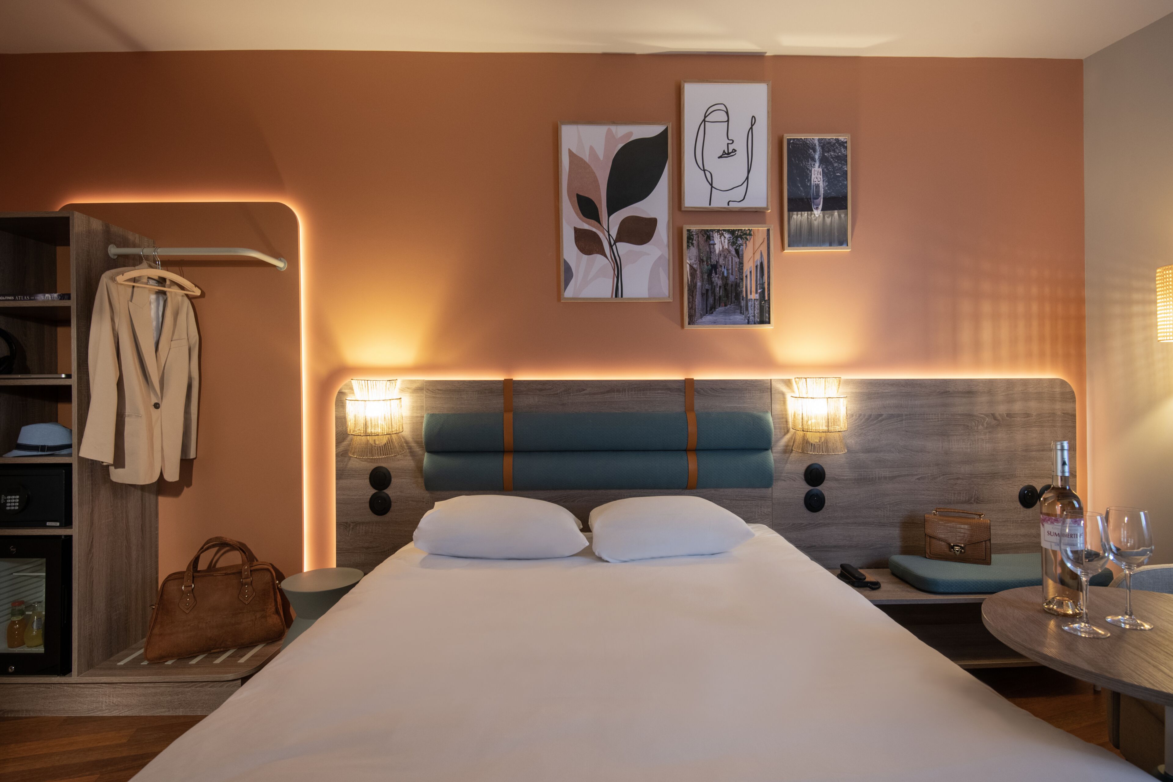 premium bedding, desk, blackout curtains, soundproofing