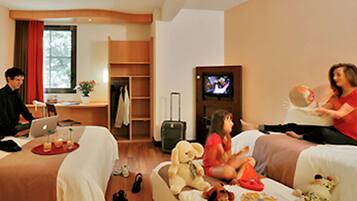 Premium bedding, desk, laptop workspace, blackout curtains