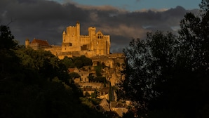 Un castillo histórico con múltiples torres y una muralla fortificada, rodeado de árboles densos y edificios más pequeños.