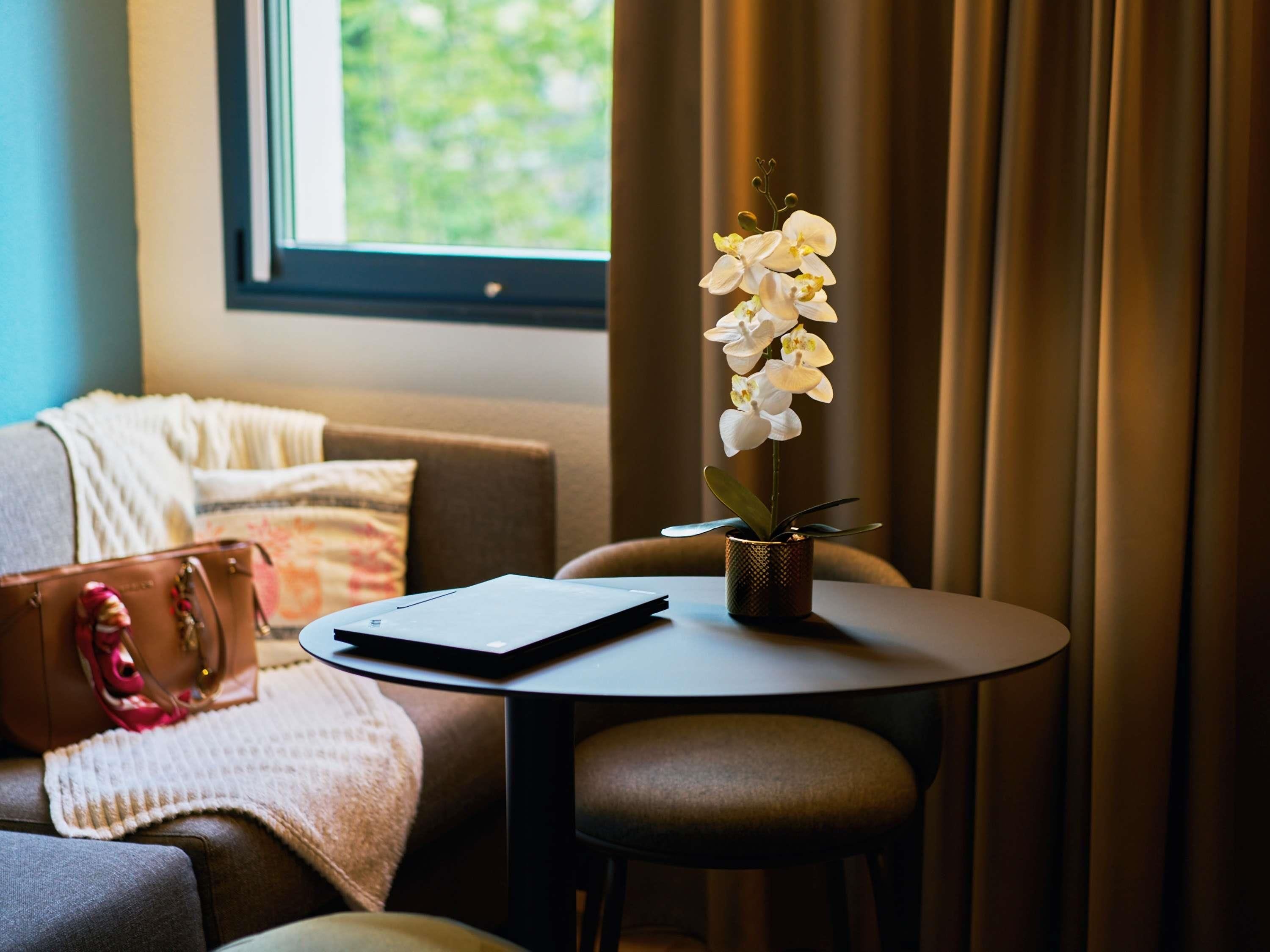 Une pièce chaleureuse avec une table ronde, une chaise, un canapé, une fenêtre et un pot d’orchidée.