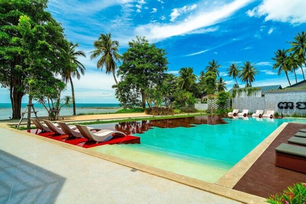 Outdoor pool, pool umbrellas, pool loungers