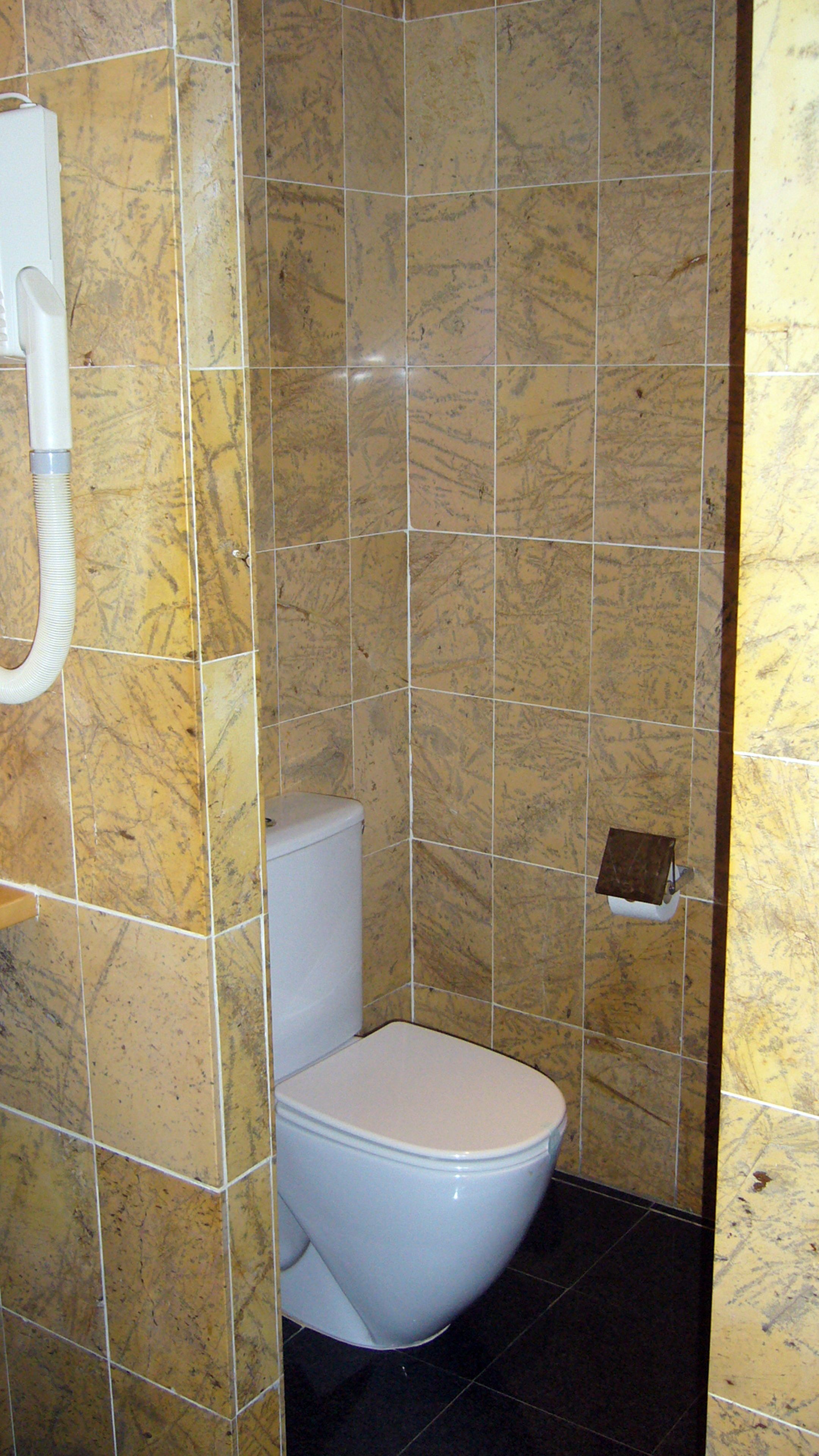 A bathroom with a toilet, a hand dryer, and a tiled wall.