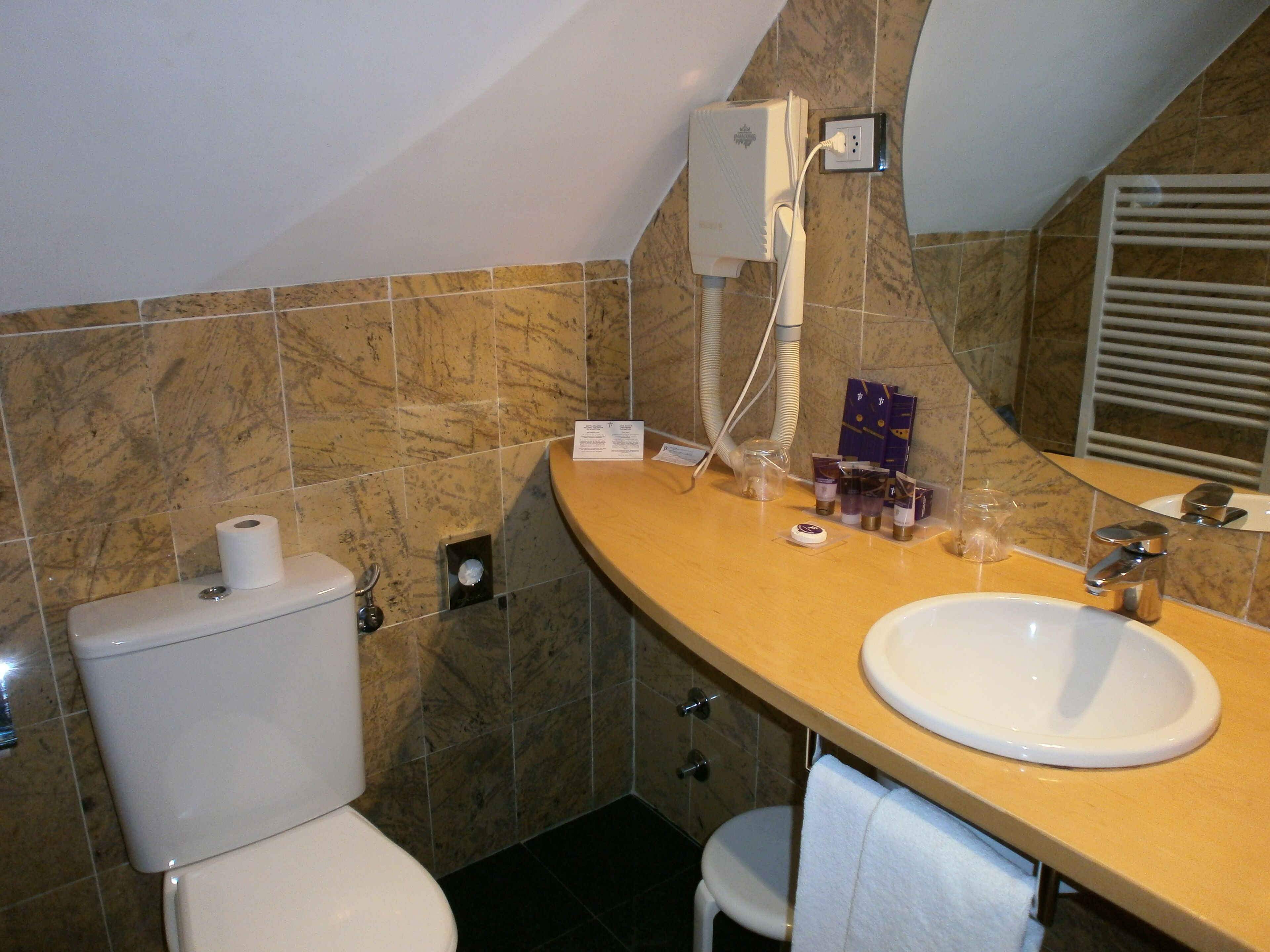 Une salle de bain avec des toilettes, un lavabo et un miroir.
