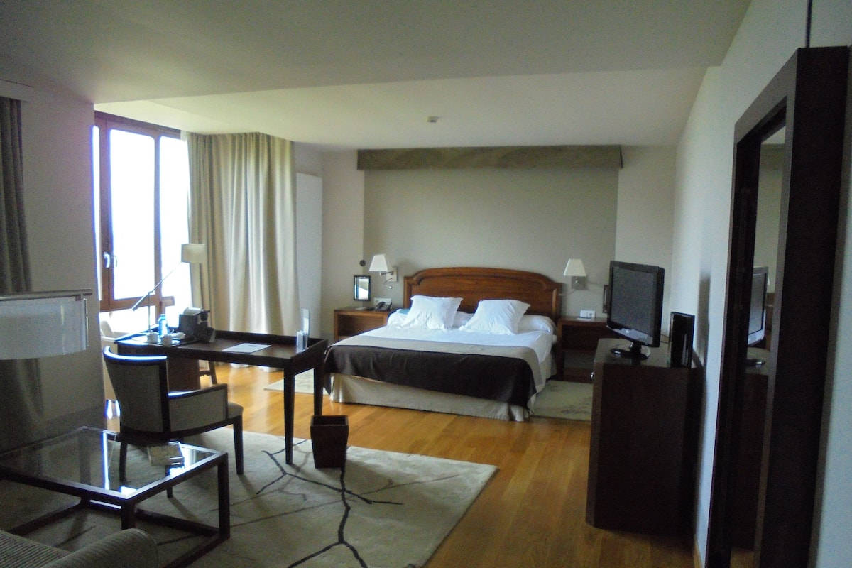 A hotel room with a bed, desk, chair, television, and a large mirror.