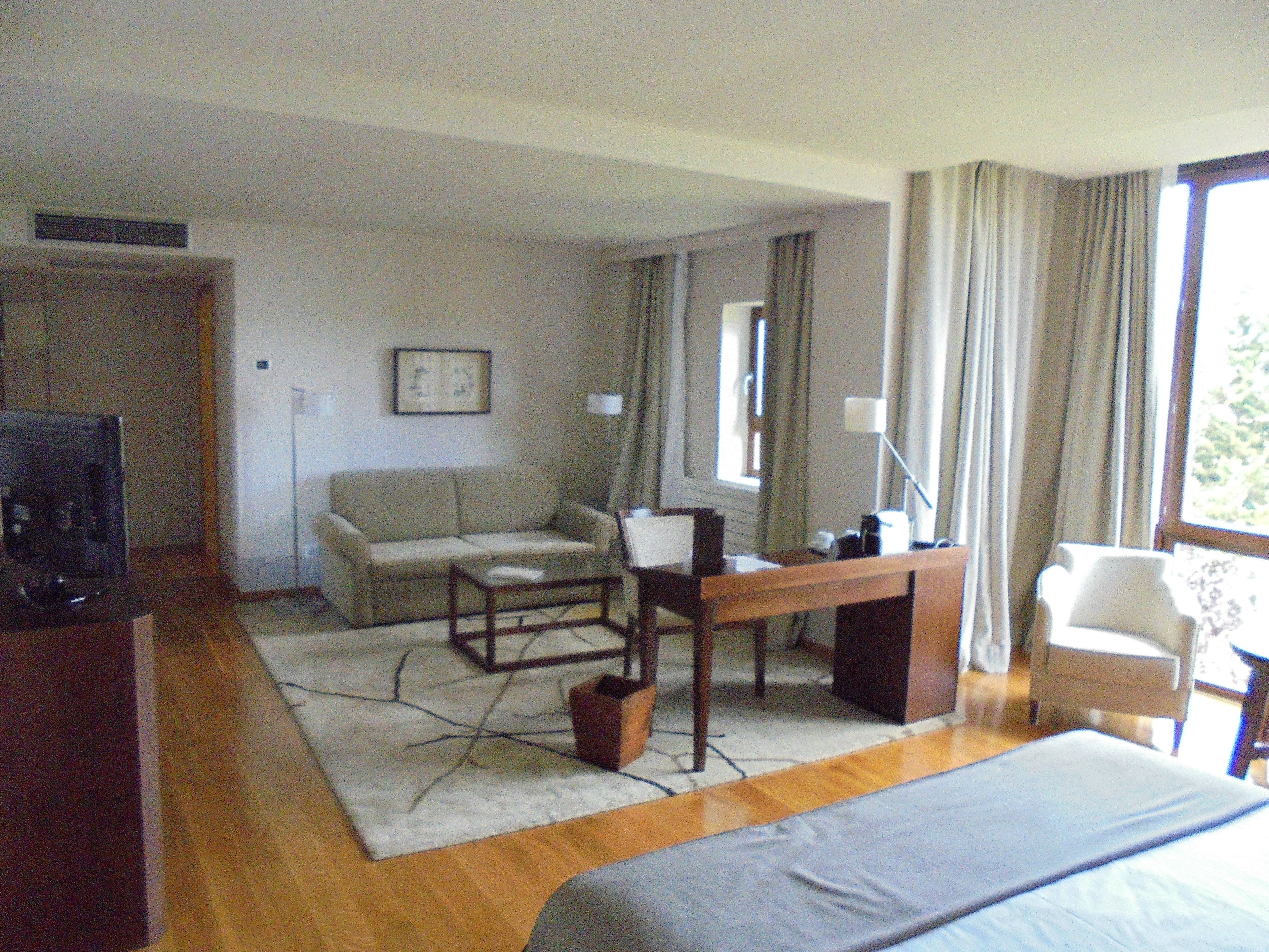A hotel room with a bed, a desk, a chair, a sofa, and a television.