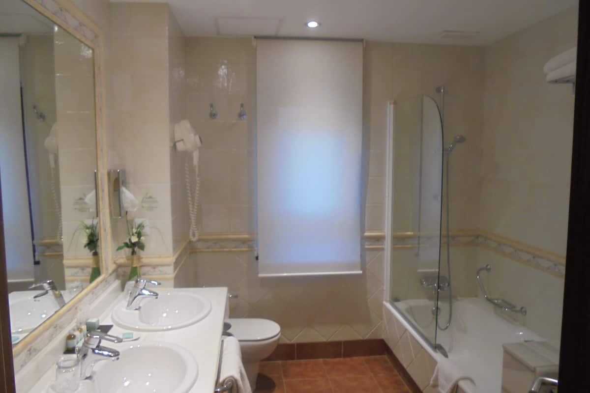 combined shower/bathtub, rainfall showerhead, designer toiletries