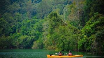 Una canoa en un río tranquilo bordeado por un denso bosque verde.