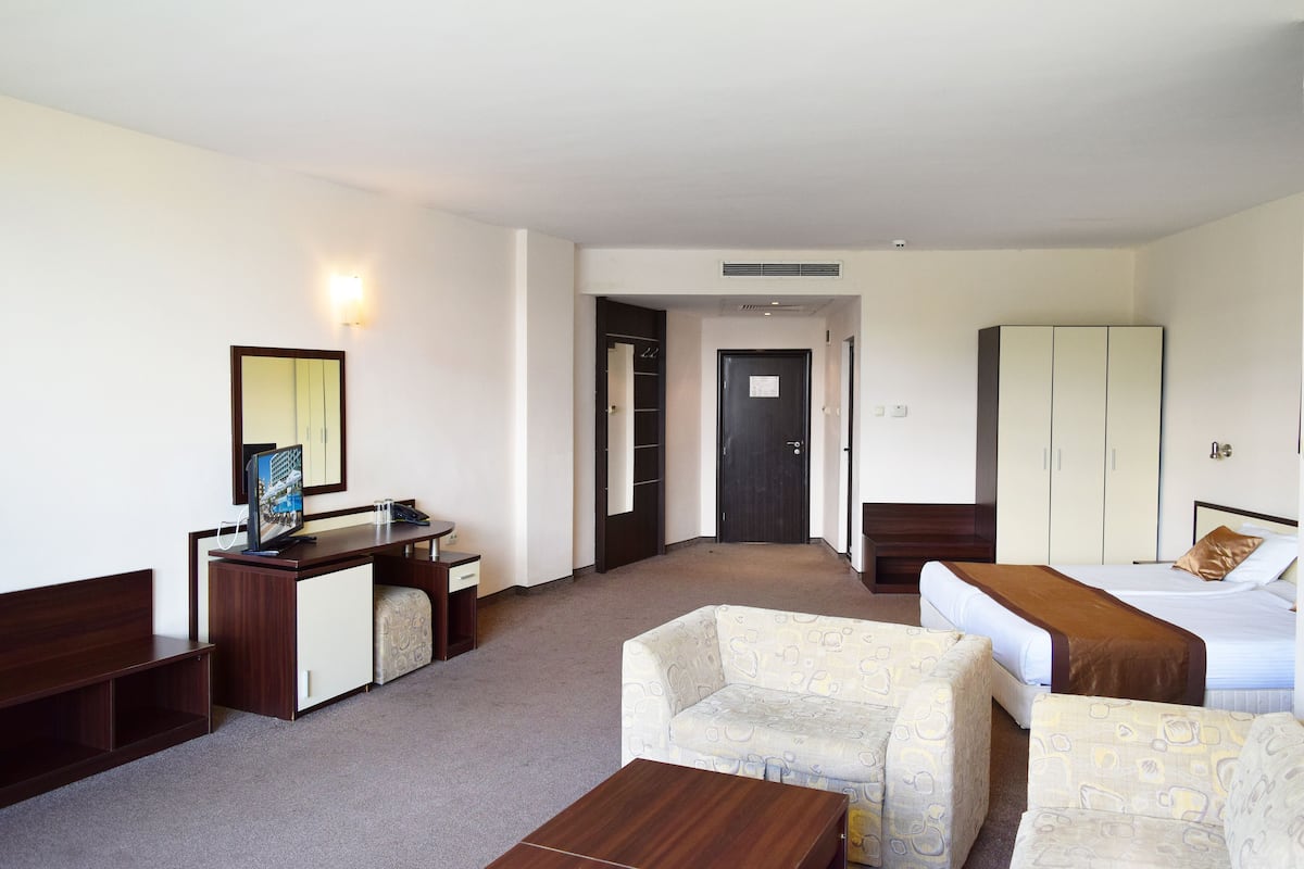 A hotel room with a bed, a desk, a chair, a sofa, and a wardrobe.