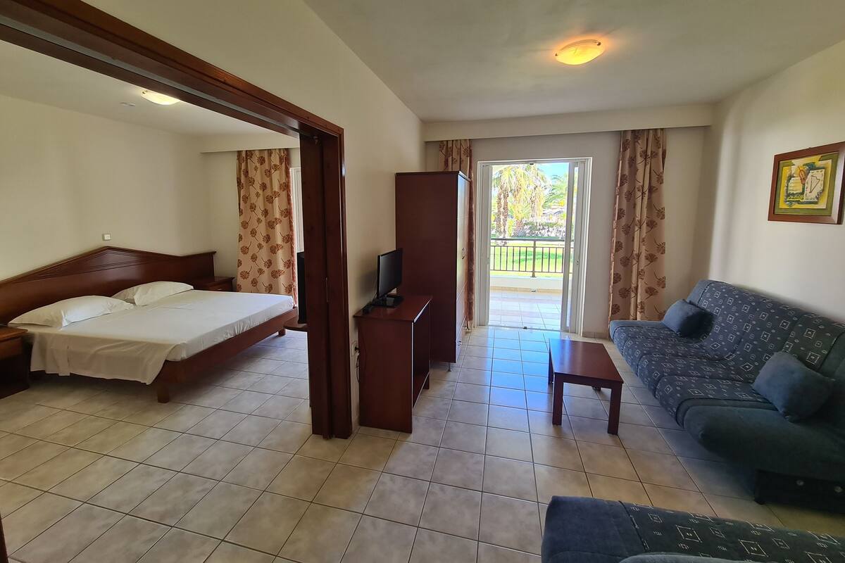 A hotel room with a bed, a TV, a sofa, and a balcony with a view of palm trees.