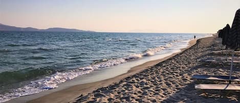 A beach with waves, a clear sky, and a row of sun loungers.