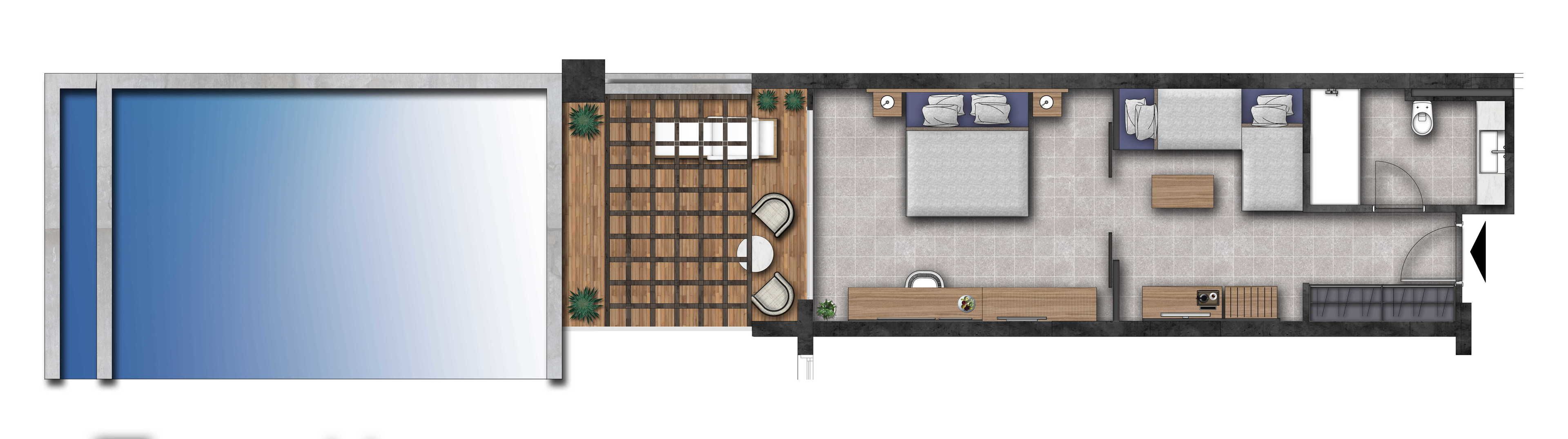 Een modern appartement met een woonkamer, keuken, badkamer en een balkon.