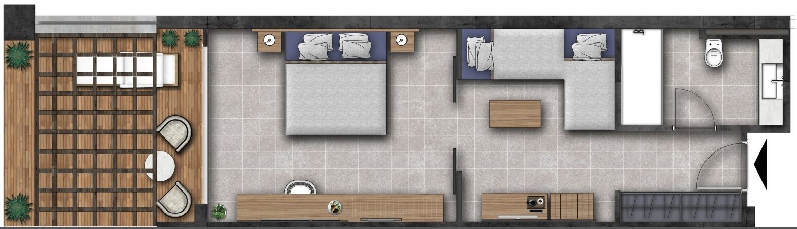 A hotel room layout with a bed, bedside tables, a desk, a bathroom with a shower, and a small balcony area.