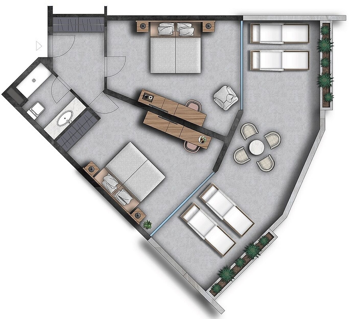 Un hôtel à taille réduite comprenant une kitchenette, un coin repas, un salon et un petit jardin.