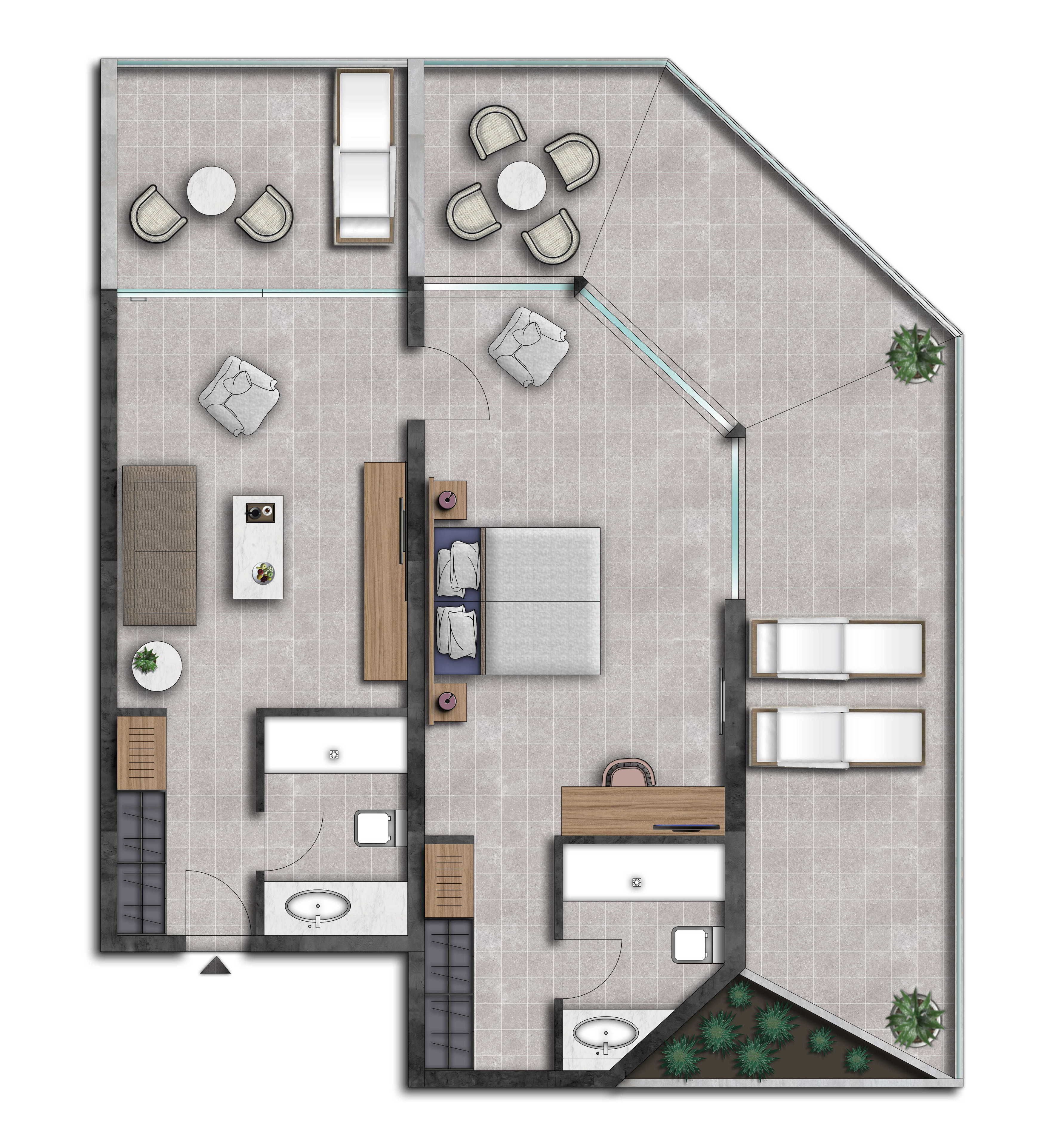 A floor plan of a hotel room with a bed, two seating areas, a bathroom, and a small garden area.