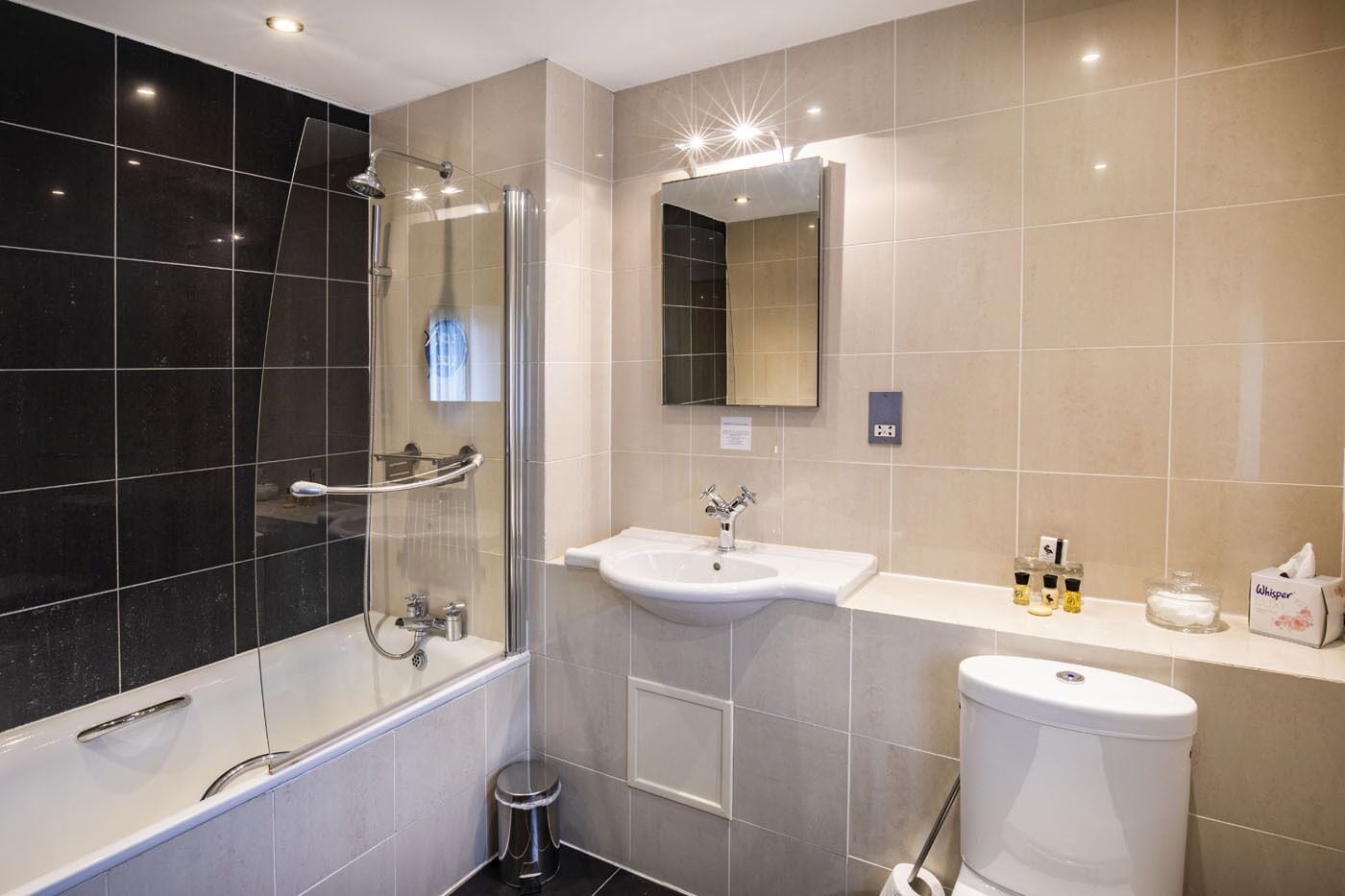 A modern bathroom with a glass-enclosed shower, a sink, and a toilet.