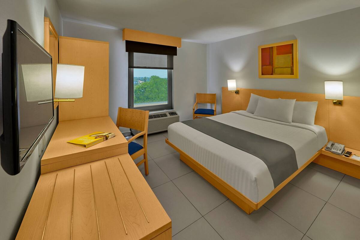 A hotel room with a bed, desk, chair, TV, and a window with a view.