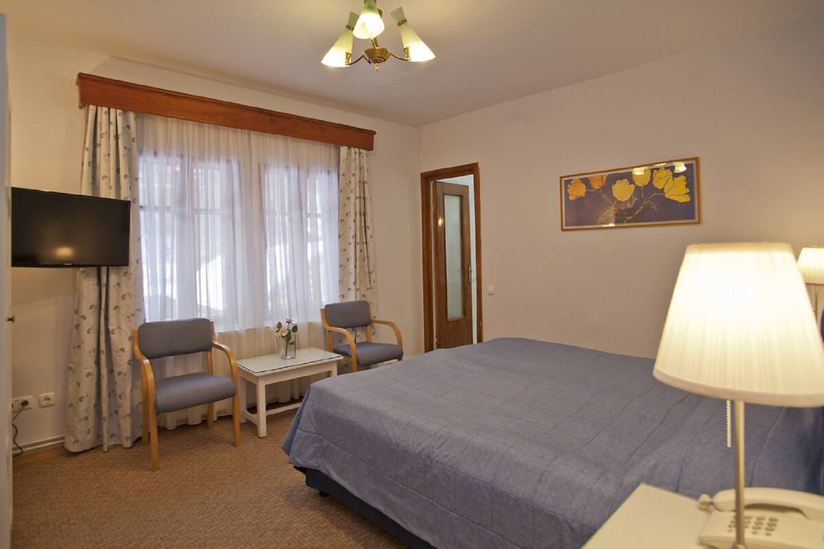 Habitación de hotel con una cama, dos sillas, una mesita, televisor, lámpara y un cuadro en la pared.