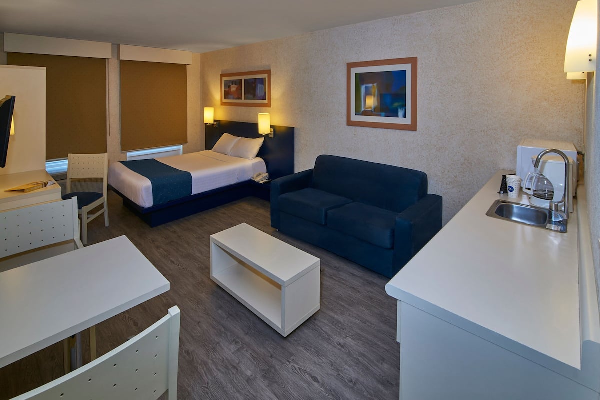 A hotel room with a bed, a sofa, a desk, a chair, a small table, a sink, and a microwave.