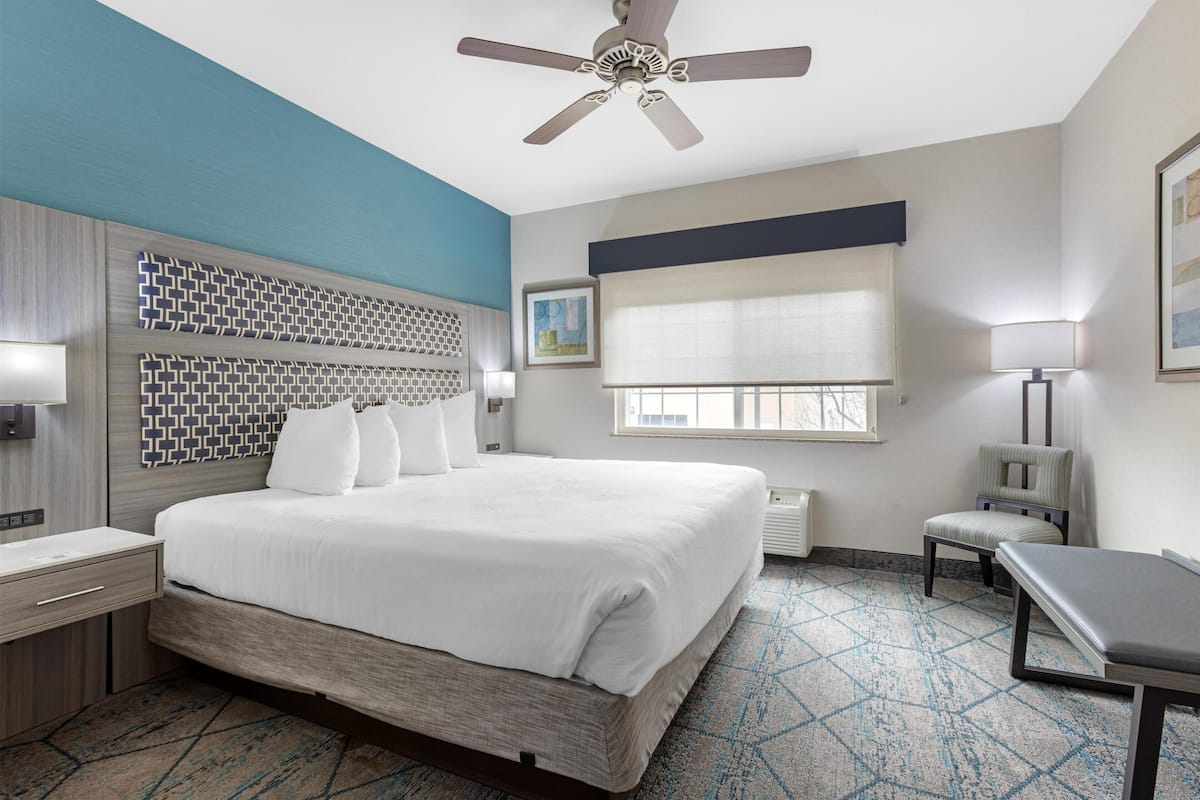 A hotel room with a bed, a desk, a chair, a ceiling fan, a window with blinds, and a patterned floor.