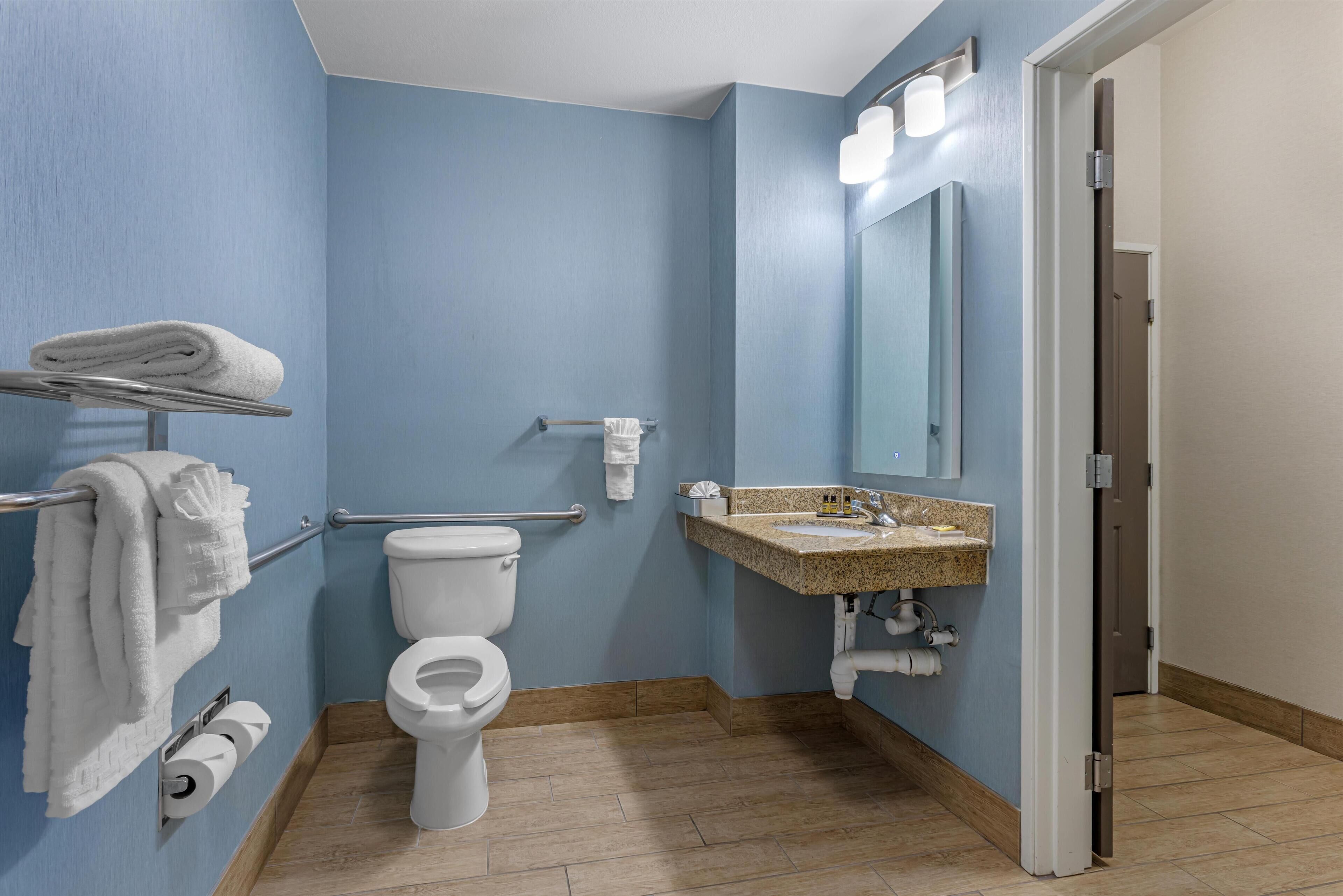 A bathroom with a toilet, sink, towel rack, and a mirror.