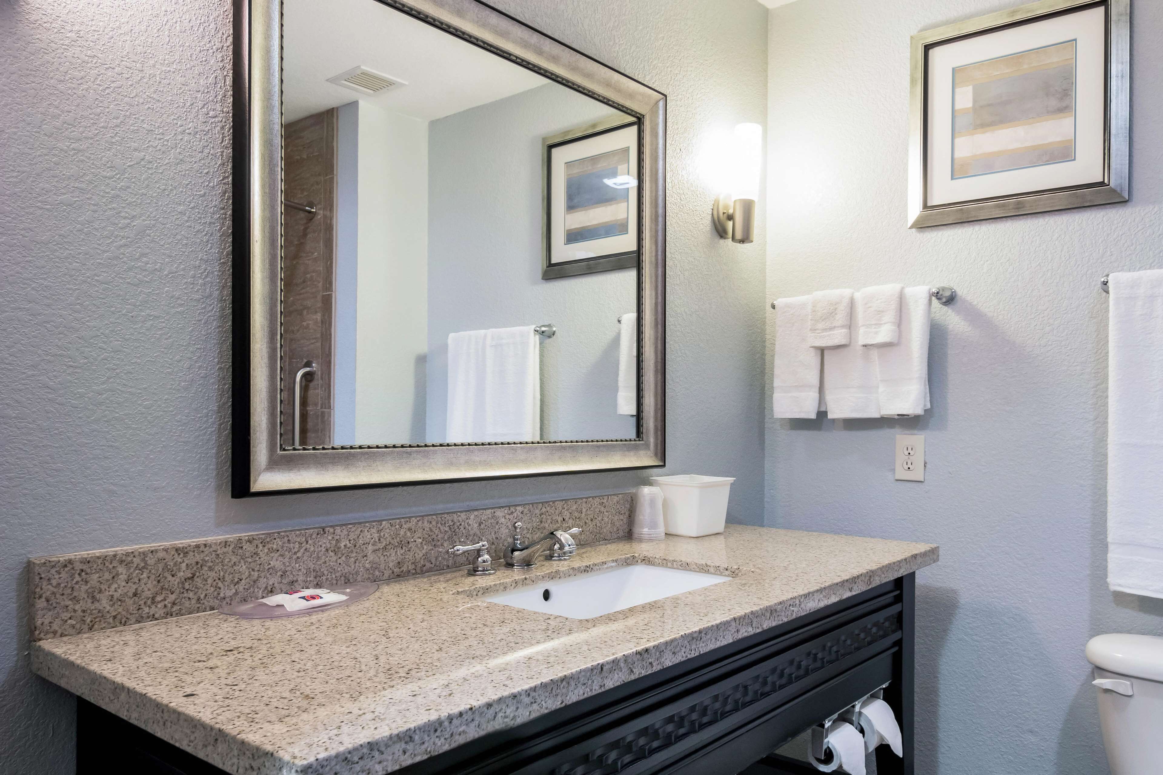 A bathroom with a granite countertop sink, a large mirror, and two framed pictures on the wall.