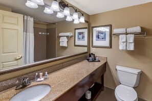 Combined shower/tub, free toiletries, hair dryer, towels