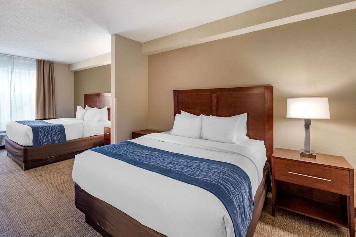 Una habitación de hotel con dos camas, una mesita de noche con lámpara y un ventanal con cortinas.