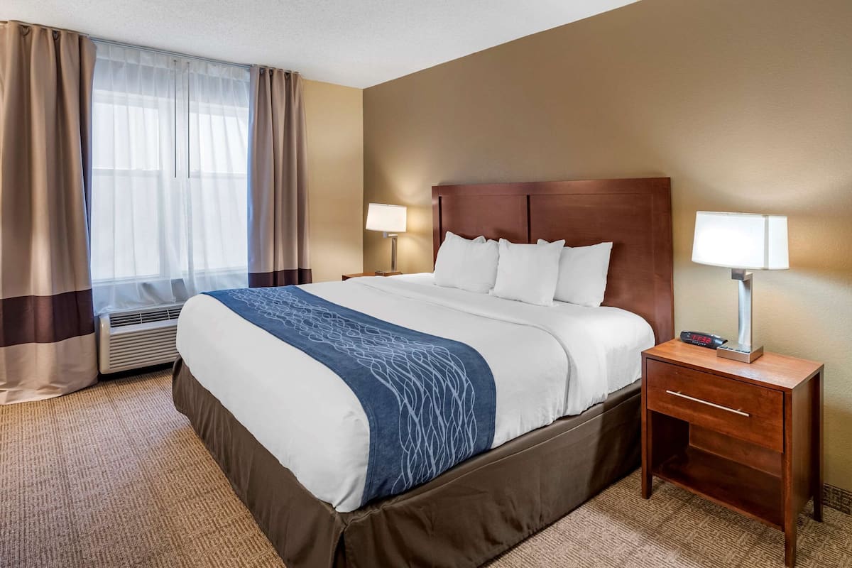 Habitación de hotel con una cama grande, dos mesitas de noche con lámparas, una ventana con cortinas y un equipo de aire acondicionado.