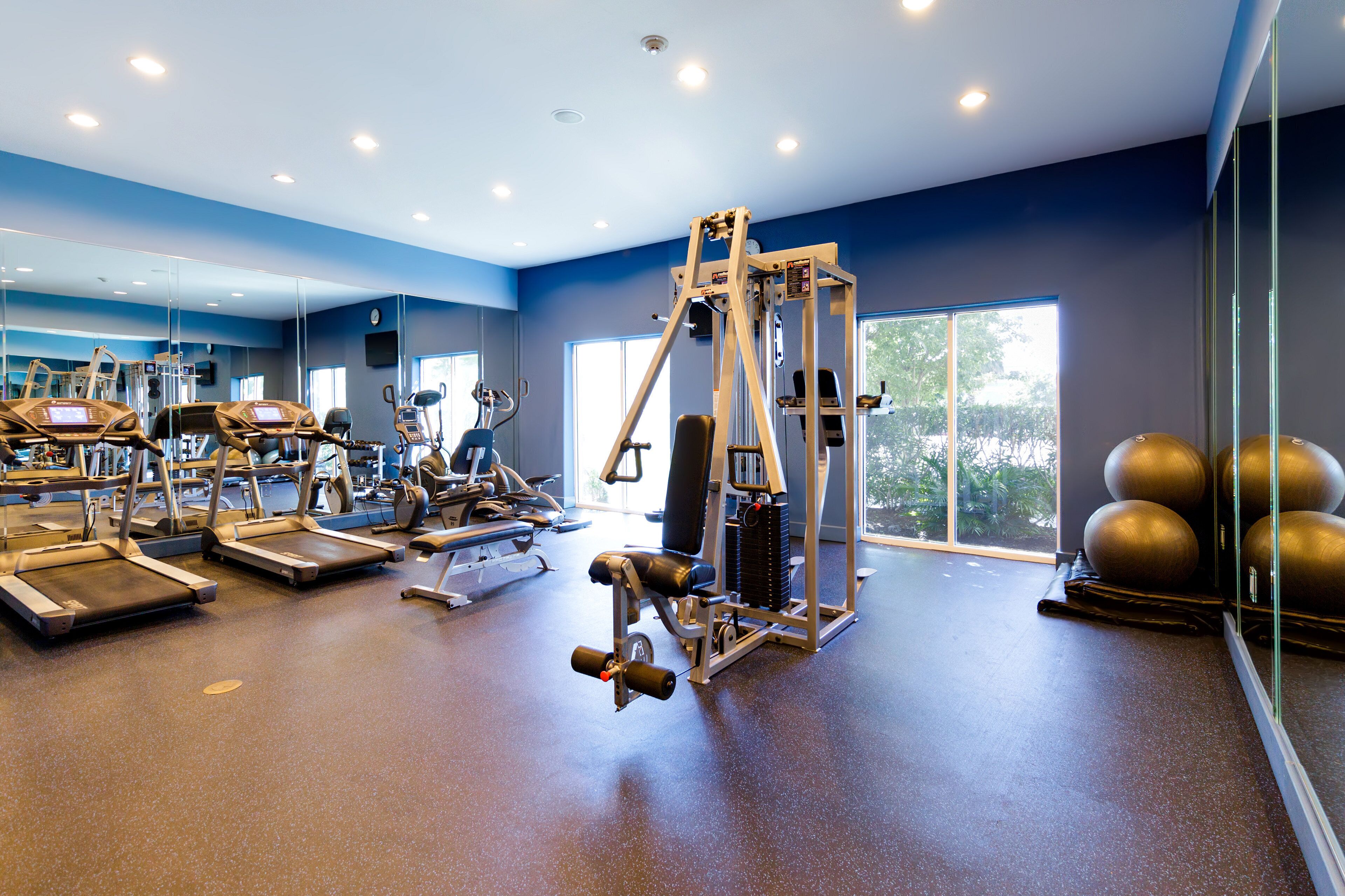 Ein Fitnessstudio mit Laufbändern, Gewichten und Trainingsbällen.