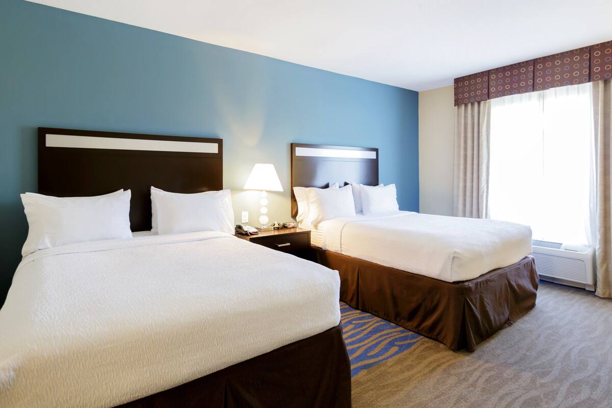 A hotel room with two beds, a nightstand with a lamp, a window with curtains, and a carpeted floor.
