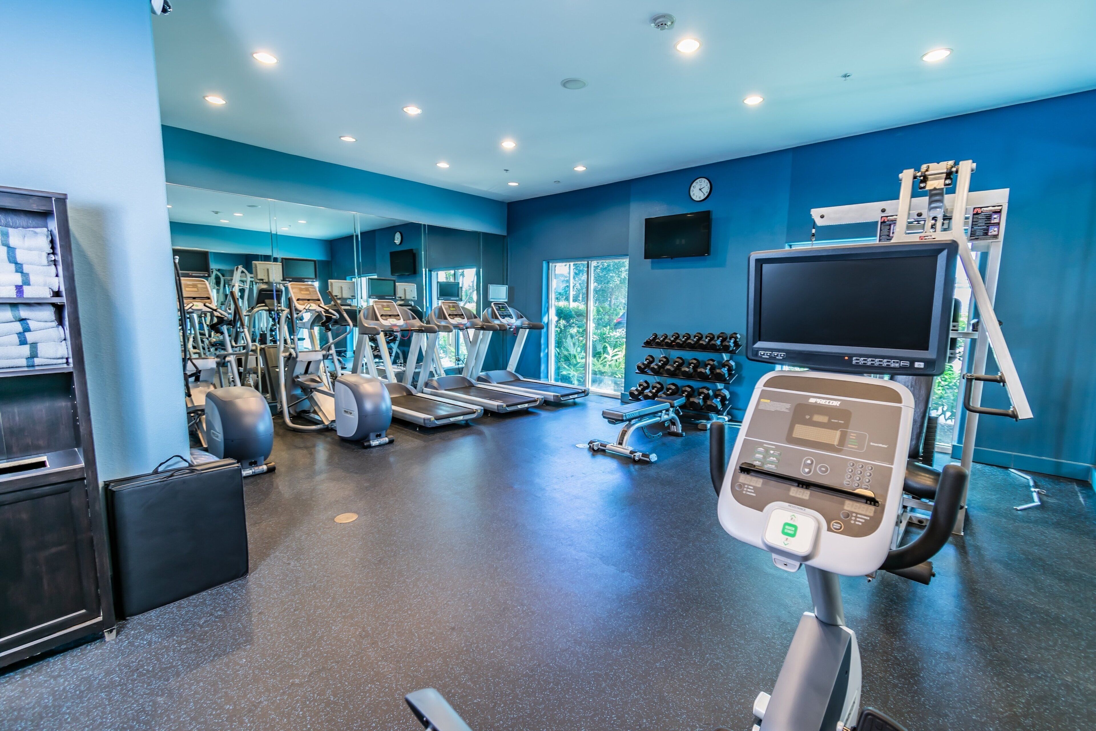 A gym with treadmills, weights, and exercise equipment.
