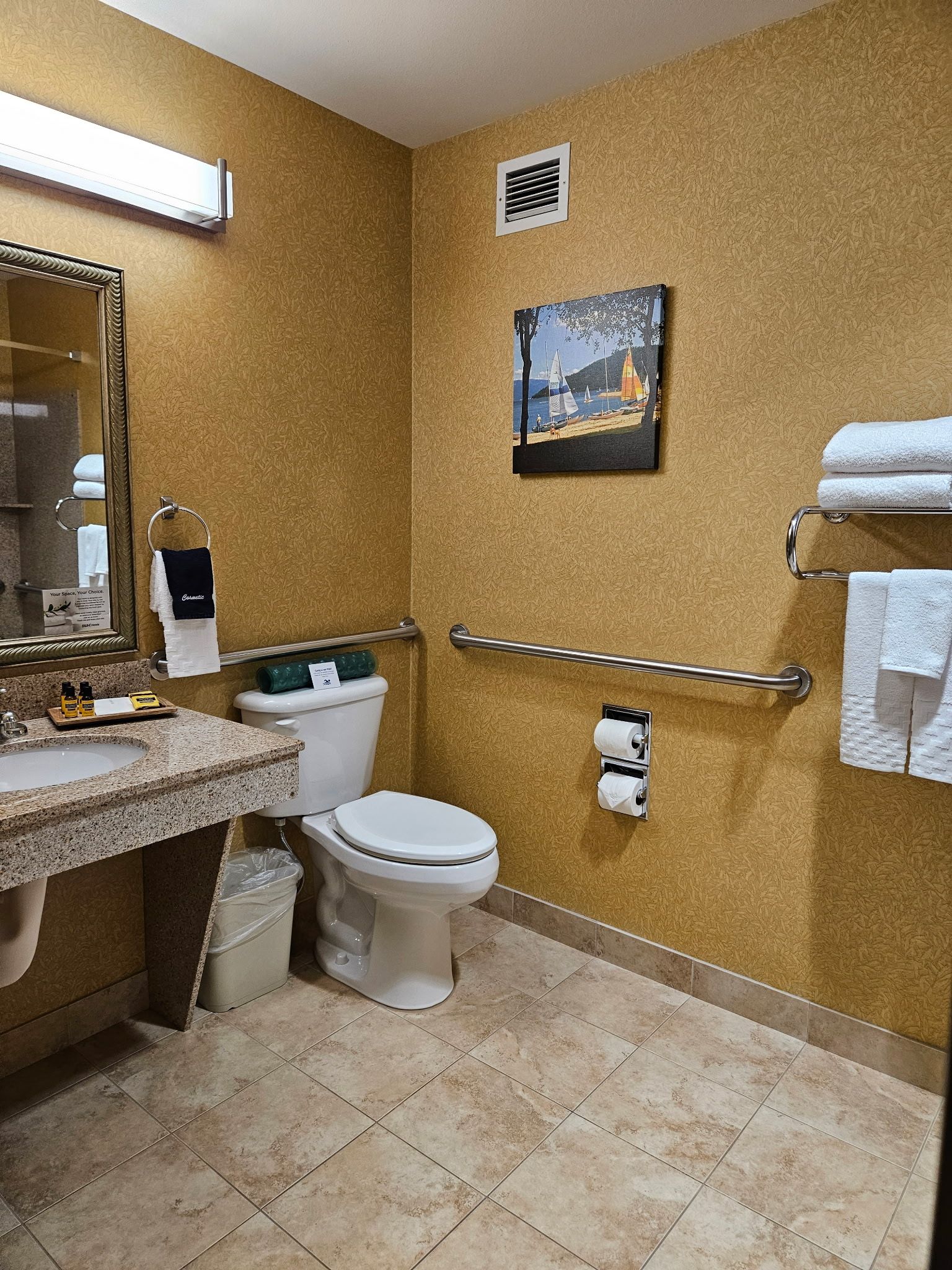 Un baño con lavamanos, inodoro, toallero y un cuadro en la pared.