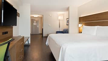 Desk, laptop workspace, blackout curtains, iron/ironing board