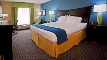 Desk, laptop workspace, blackout drapes, iron/ironing board