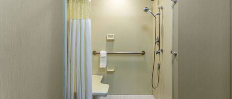 A small, accessible shower room with a white toilet, a grab bar, and a showerhead.
