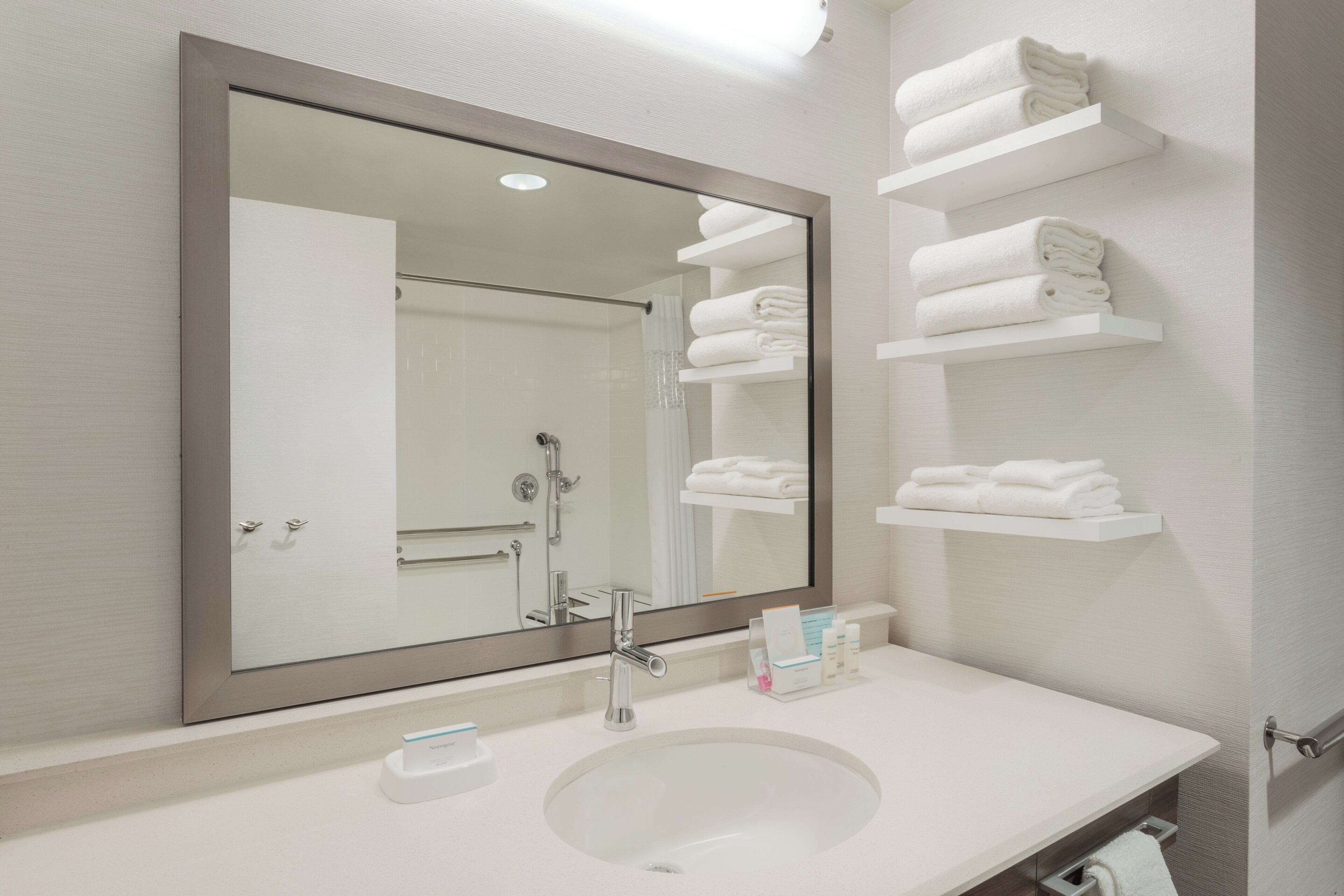 studio suite, 1 king bed with sofa bed, accessible, non smoking (mobility & hearing) | bathroom | designer toiletries, hair dryer, towels, soap