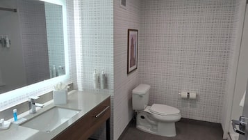 Un baño moderno con un espejo grande, un lavabo, un inodoro y una zona de ducha.