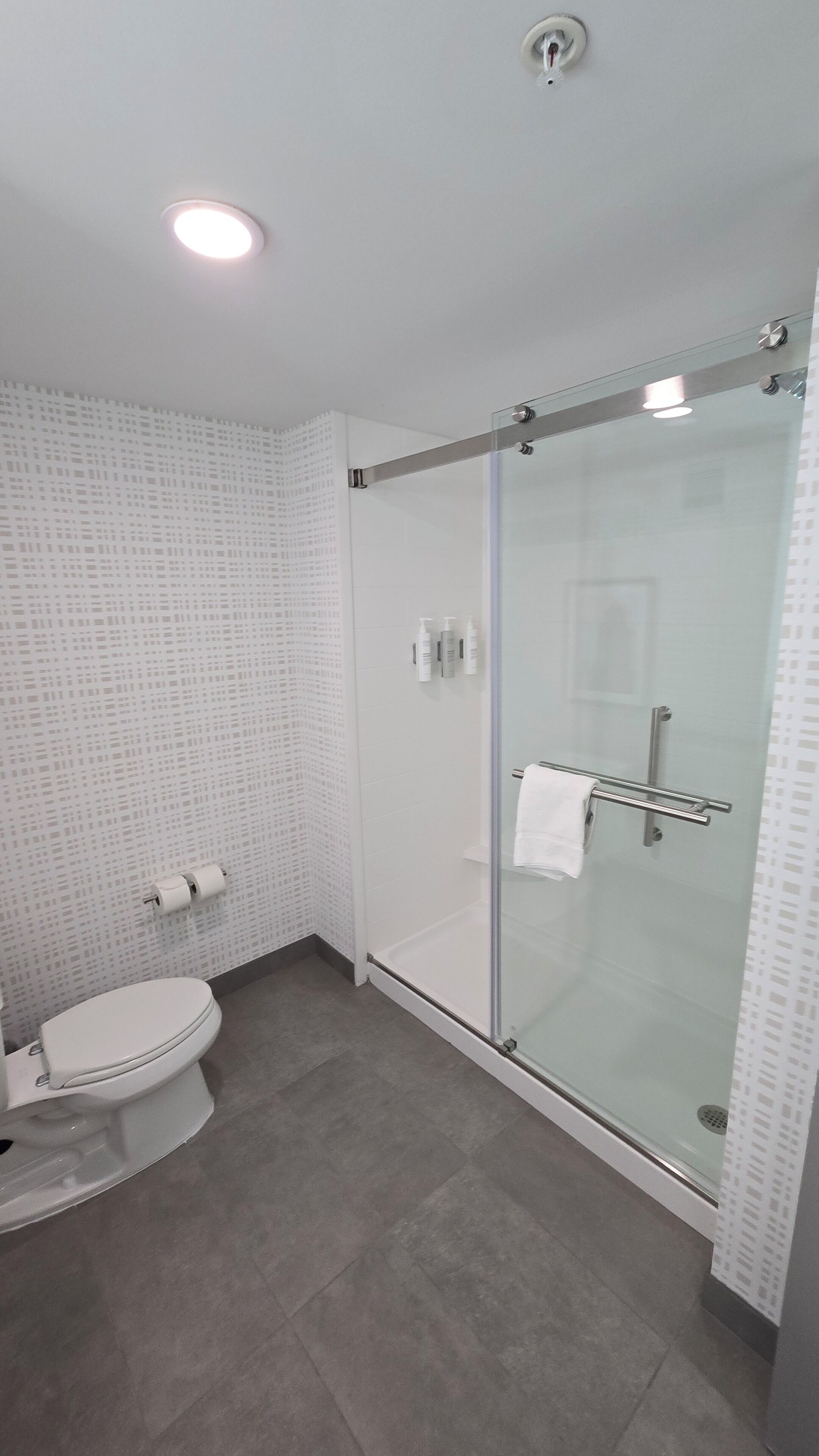A modern bathroom with a glass shower enclosure, a toilet, and a towel rack.