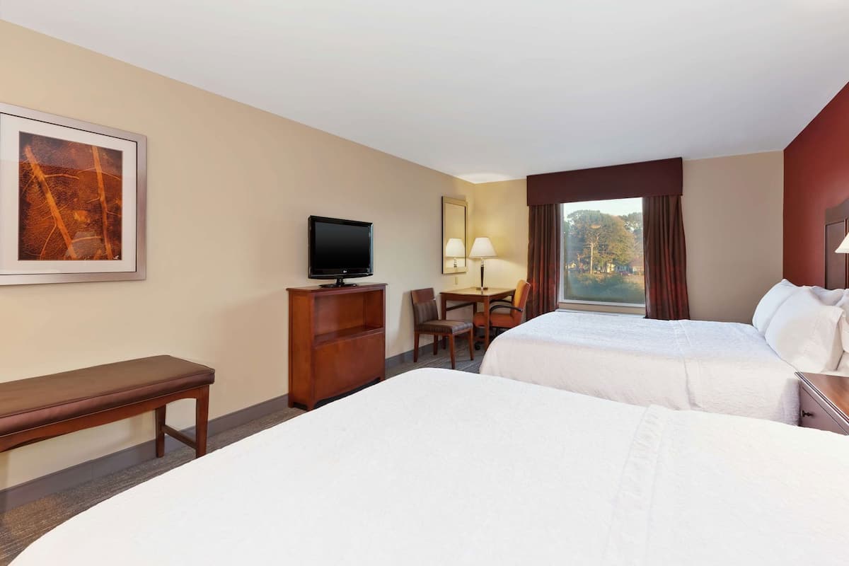 A hotel room with two beds, a desk, a TV, and a window with a view.