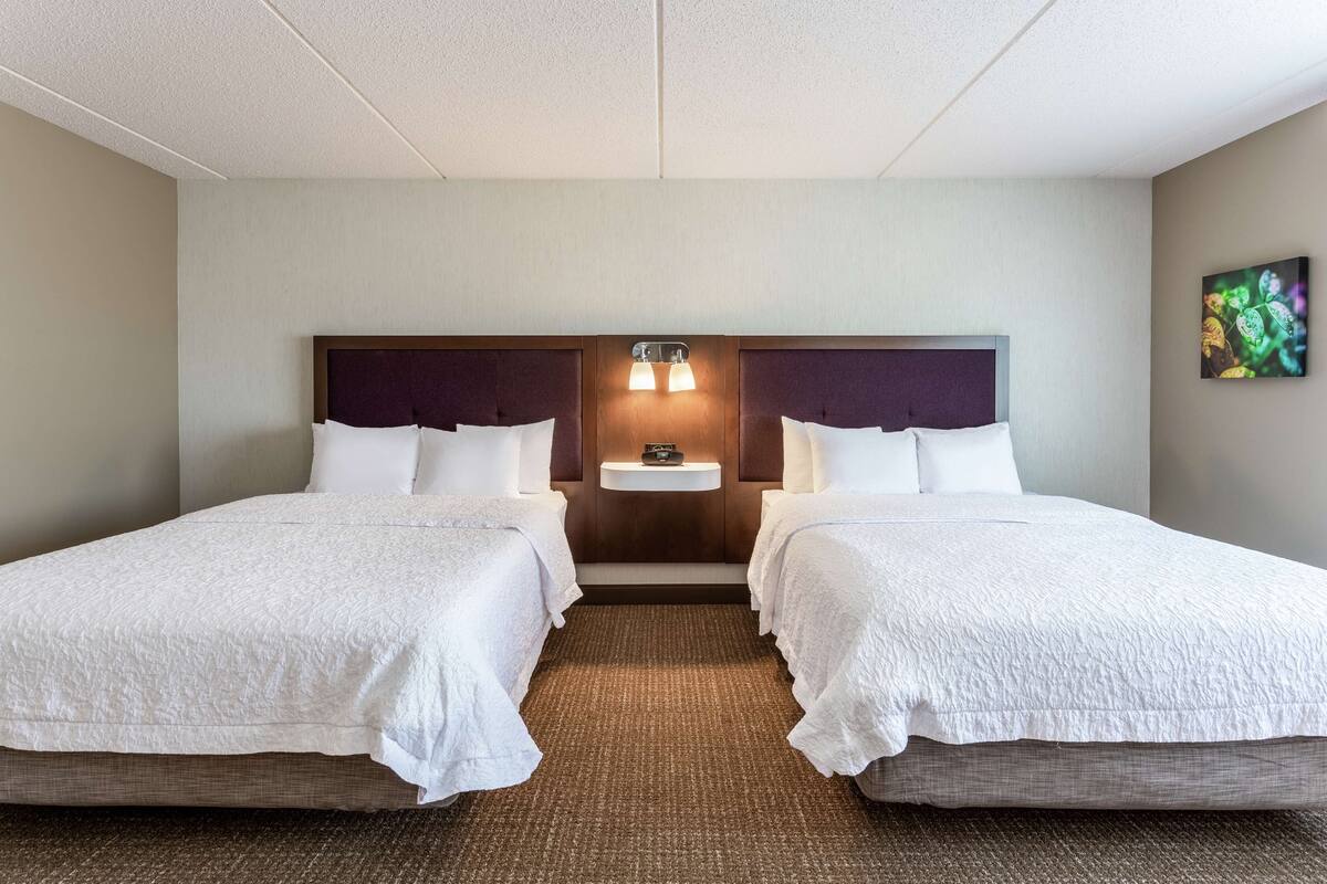 A hotel room with two beds, a nightstand, a wall-mounted light, and a painting.