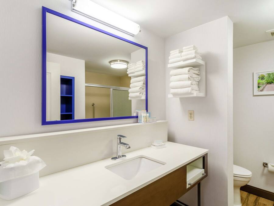 A bathroom with a white sink, a mirror with a blue frame, a towel rack, and a toilet.