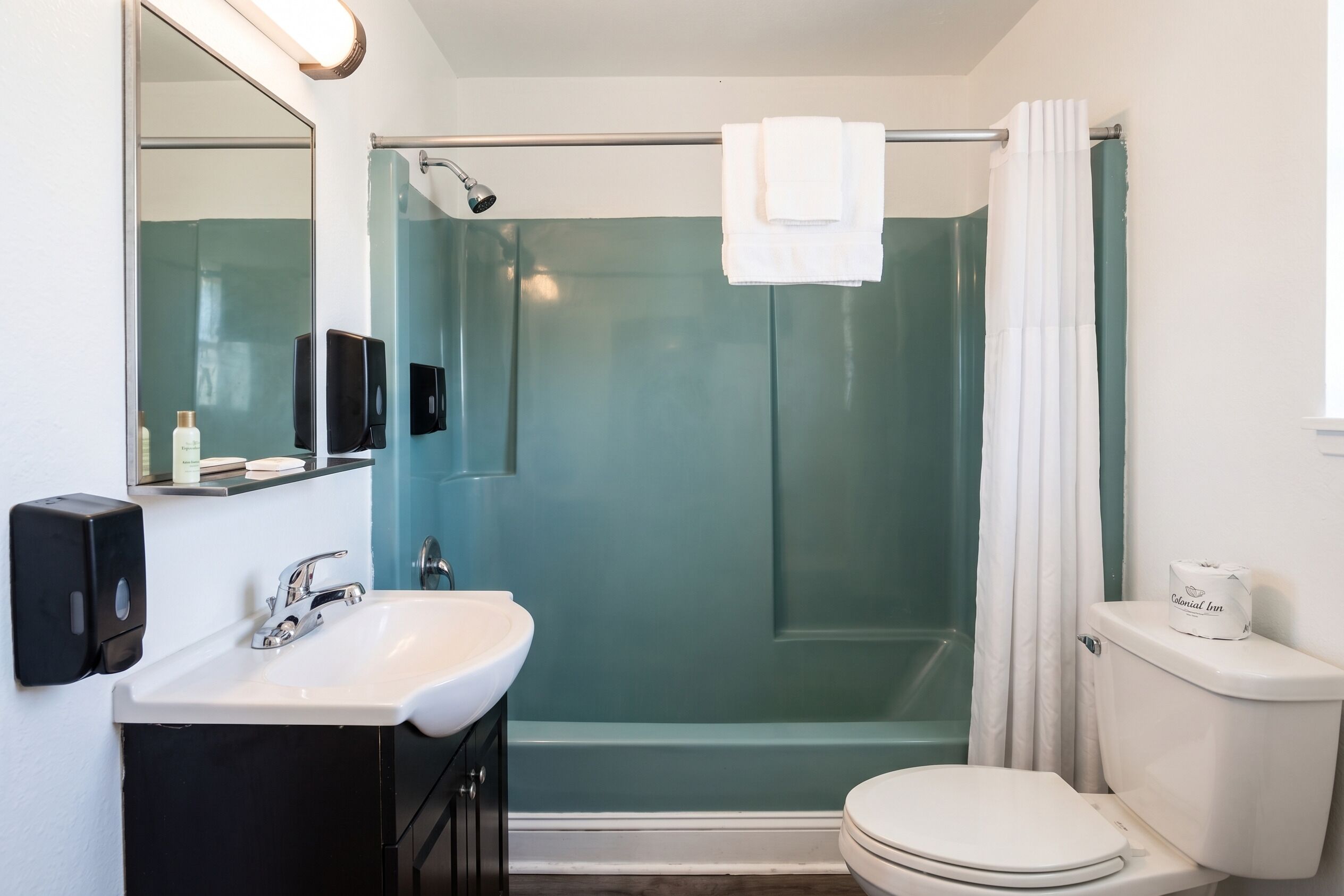 Une salle de bain avec une douche à parois de verre, des toilettes blanches, un lavabo avec un distributeur de savon et un miroir.