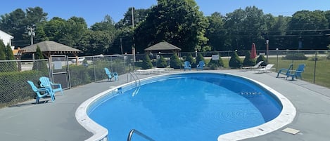 Seasonal outdoor pool, open 9:00 AM to 9:00 PM, sun loungers