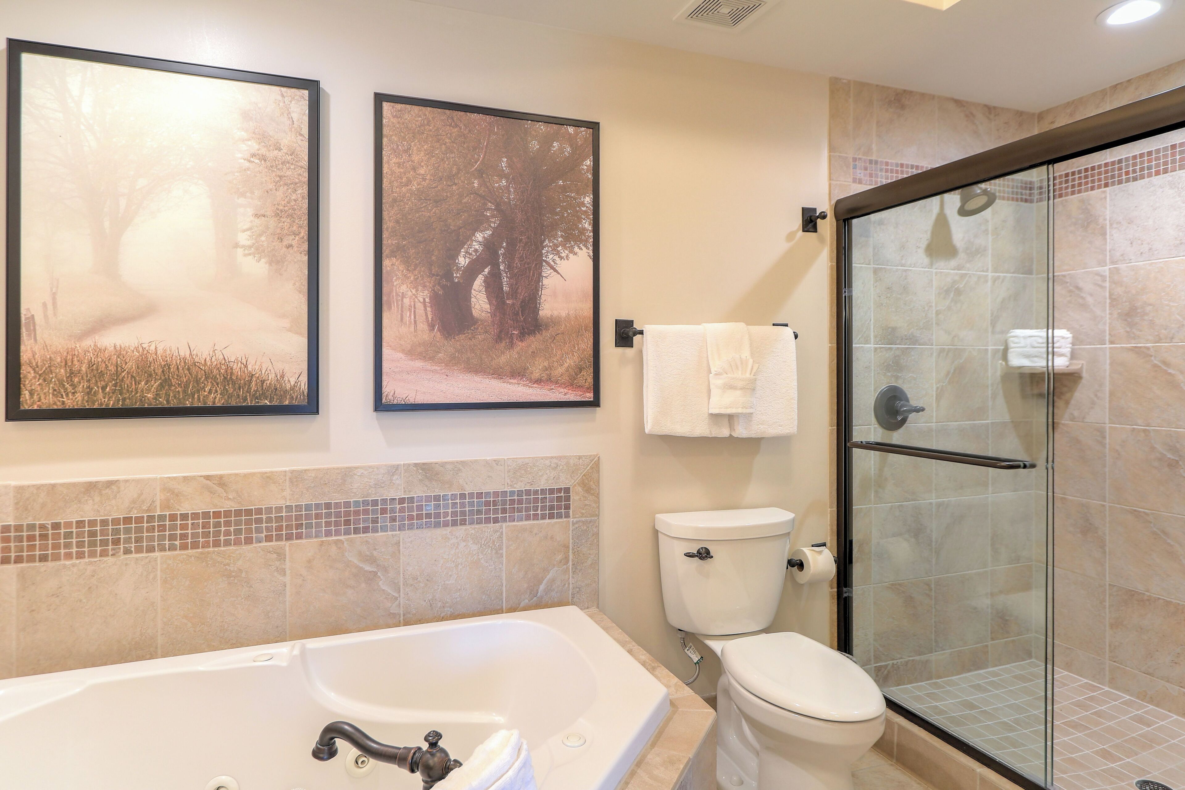 Un baño con bañera, inodoro y cabina de ducha de vidrio.