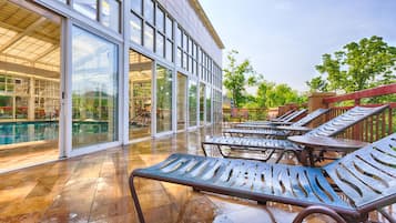 Indoor pool, seasonal outdoor pool, pool umbrellas
