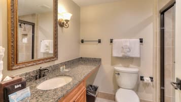 A bathroom with a granite countertop sink, a large mirror, a toilet, and a shower area.