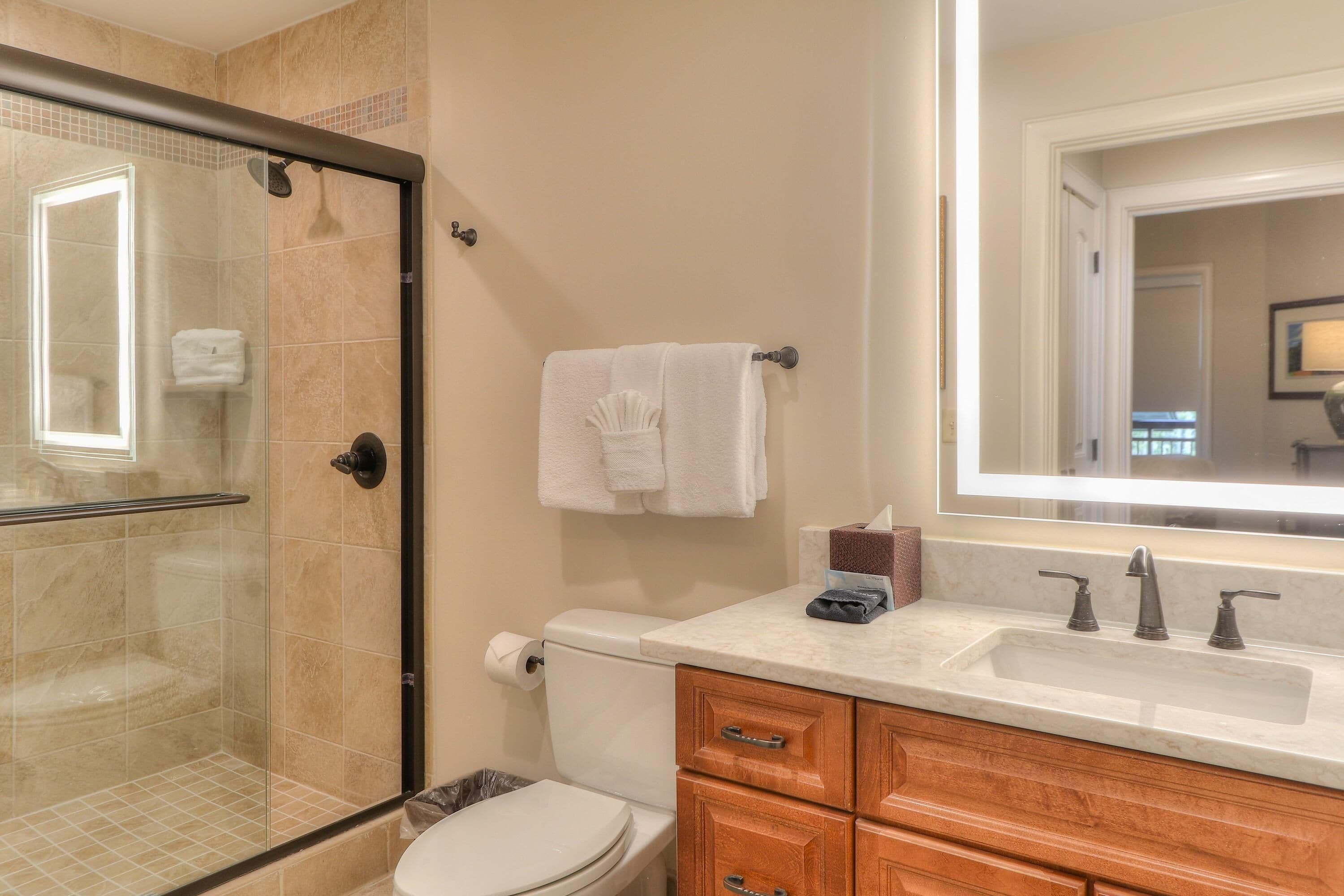 A bathroom with a glass-enclosed shower, a toilet, a sink with a mirror above it, and wooden cabinets.