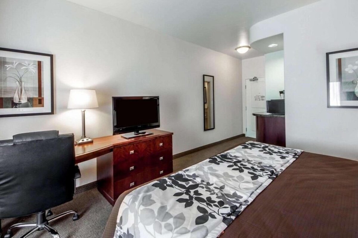 A hotel room with a bed, a desk with a TV, a chair, a dresser, and framed artwork on the walls.