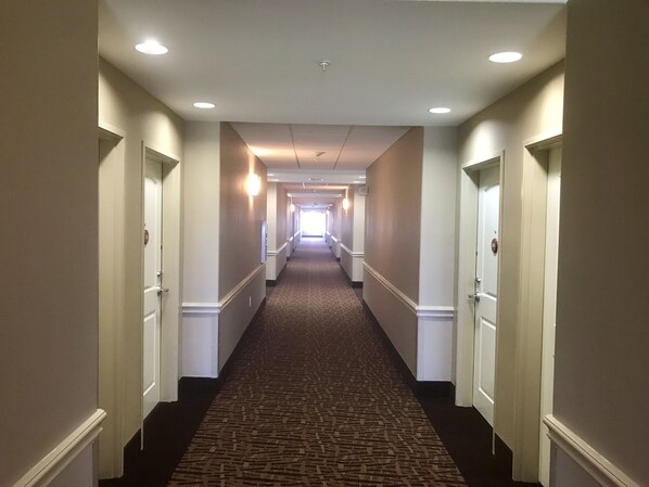A hotel hallway with carpeted floors, white walls, and doors on both sides. - Garner Hotel Lawton Fort Sill Area by IHG (Lawton)