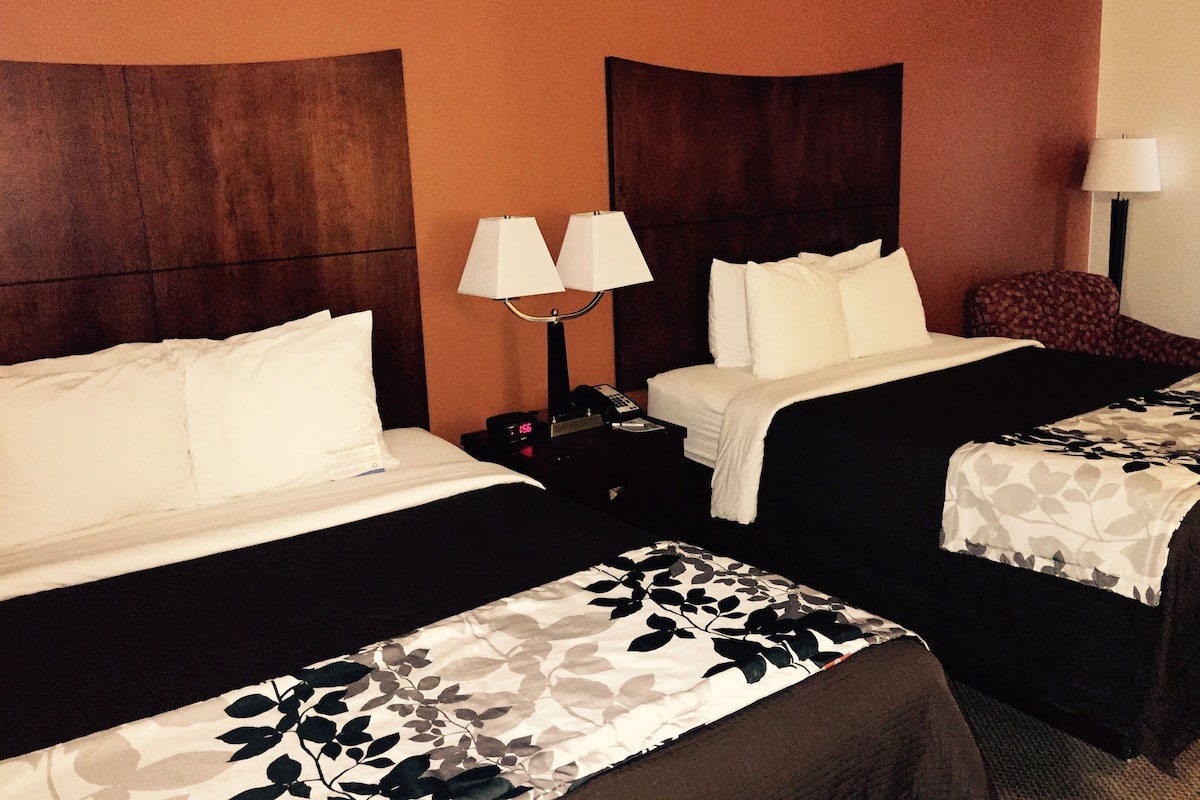 standard room, 2 queen beds, non smoking | desk, laptop workspace, iron/ironing board, rollaway beds